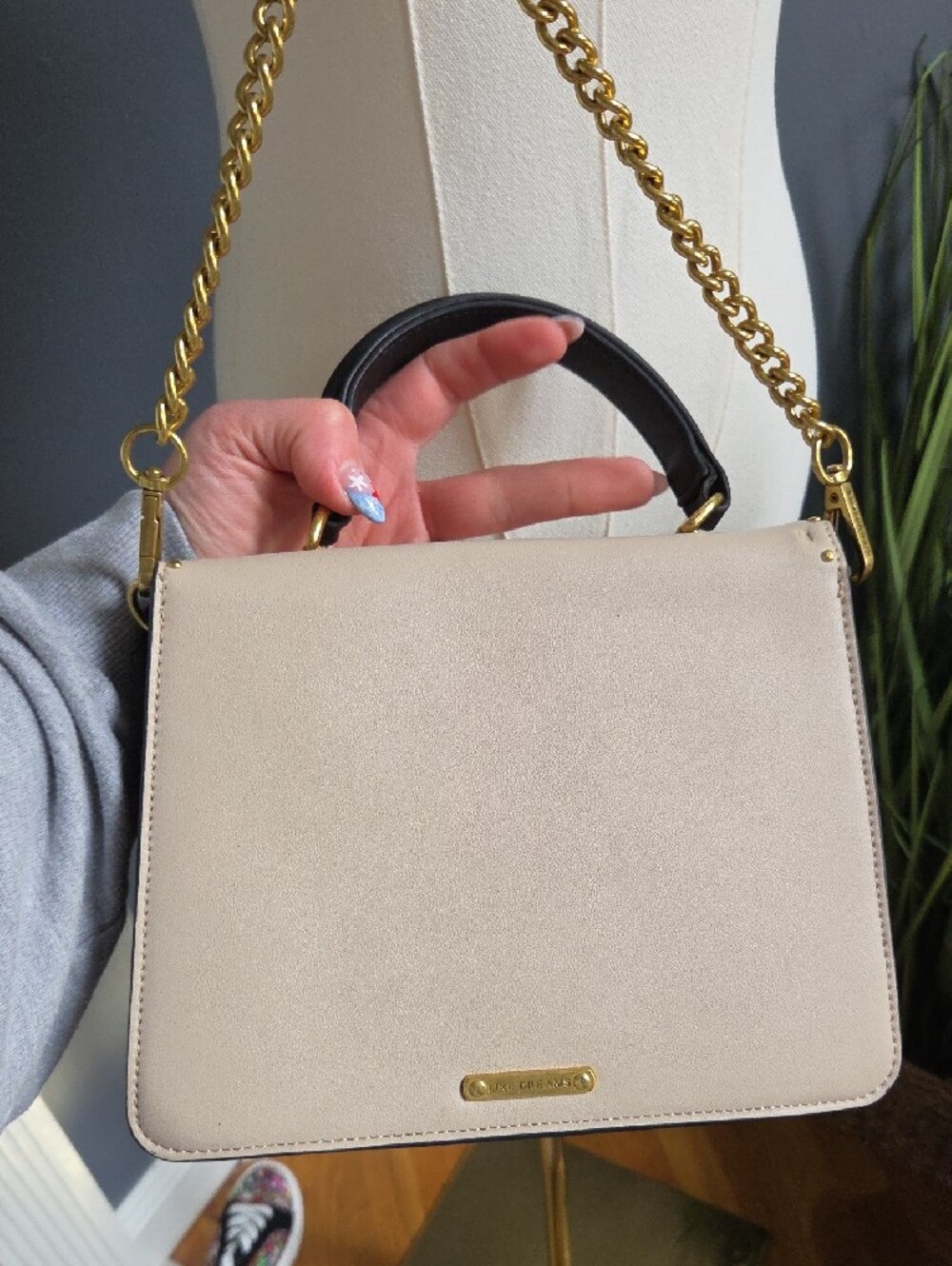Beige and Black Top-Handle Satchel with Removable Gold Chain Strap - Picture 4 of 9